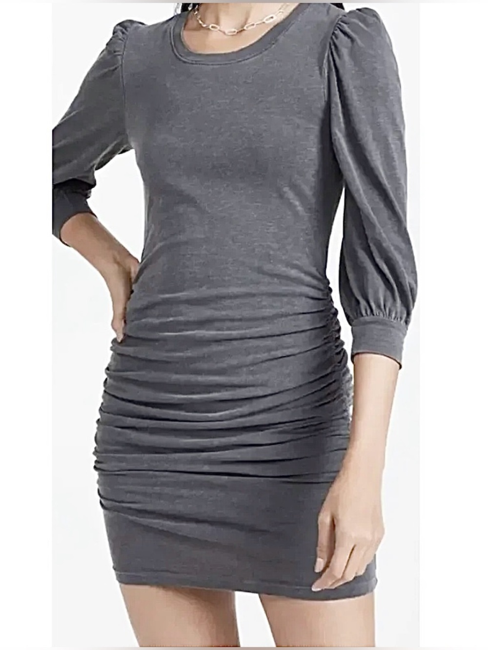 Sundry Ruched Dress Mini Puff Sleeve Cotton Stretch Knit Tee USA Gray Sz 2 M